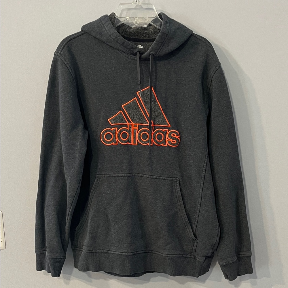 Adidas Men's Charcoal Hoodie with Vibrant Orange Logo
